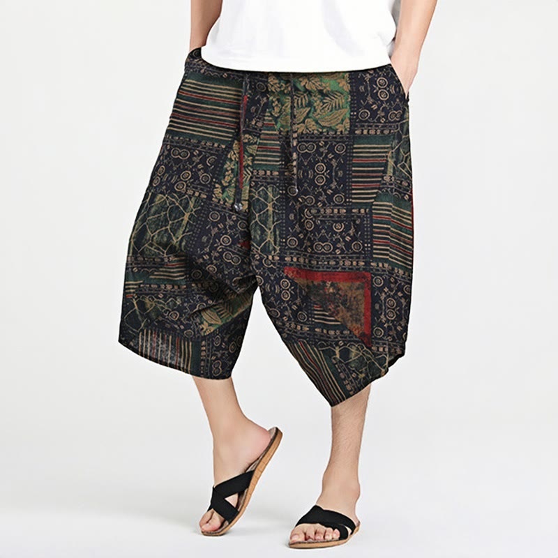 Buddha Stonesエスニック柄ドローストリング7-8丈コットンメンズハーレムパンツポケット付き