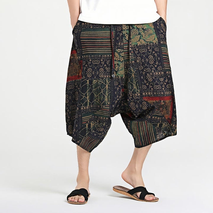 Buddha Stonesエスニック柄ドローストリング7-8丈コットンメンズハーレムパンツポケット付き