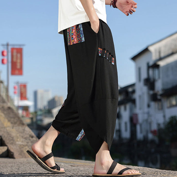 Buddha Stonesボヘミアン パッチワーク柄 コットン ドローストリング メンズ ワイドレッグパンツ ポケット付き