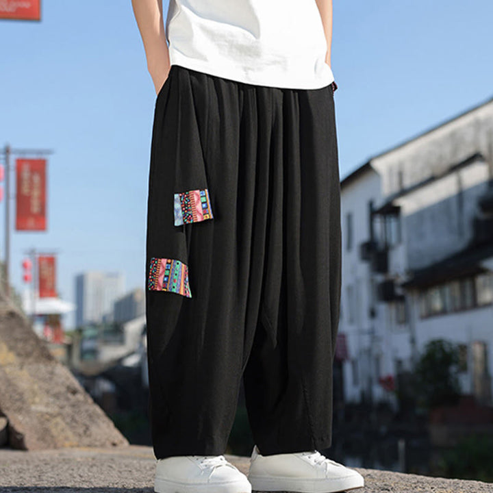 Buddha Stonesシンプル パッチワークデザイン ドローストリング ソフトコットン メンズ ワイドレッグパンツ ポケット付き