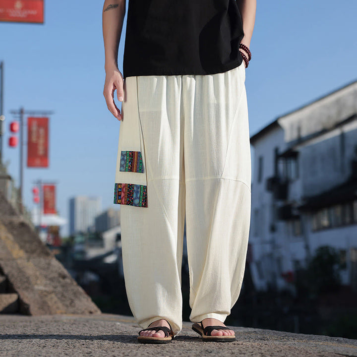 Buddha Stonesシンプル パッチワークデザイン ドローストリング ソフトコットン メンズ ワイドレッグパンツ ポケット付き
