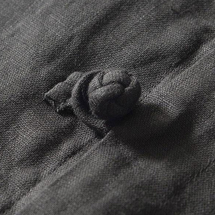 Buddha Stonesデイリーフロッグボタンスタンドカラー半袖リネンメンズシャツ - image 4