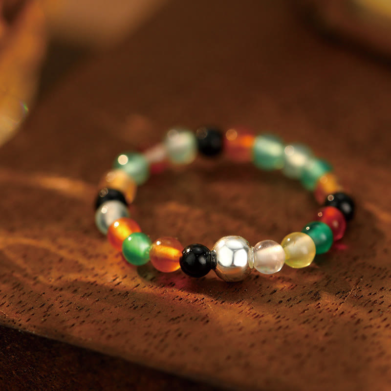 Buddha Stones925 スターリングシルバー クリスタルビーズ ホワイトジェイド ブラックオニキス 祝福 弾性リング