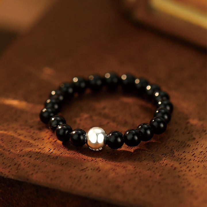 Buddha Stones925 スターリングシルバー クリスタルビーズ ホワイトジェイド ブラックオニキス 祝福 弾性リング