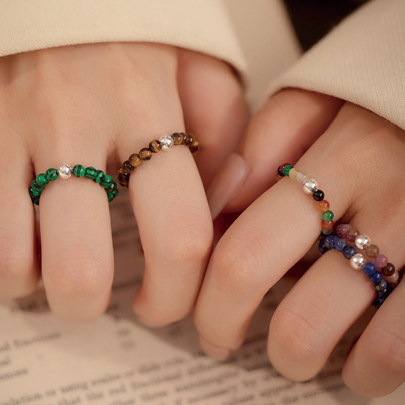 Buddha Stones925 スターリングシルバー クリスタルビーズ ホワイトジェイド ブラックオニキス 祝福 弾性リング