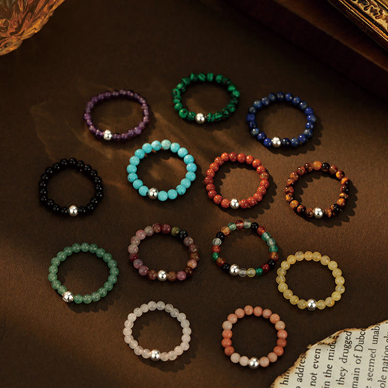 Buddha Stones925 スターリングシルバー クリスタルビーズ ホワイトジェイド ブラックオニキス 祝福 弾性リング