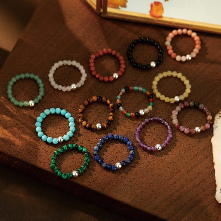 Buddha Stones925 スターリングシルバー クリスタルビーズ ホワイトジェイド ブラックオニキス 祝福 弾性リング