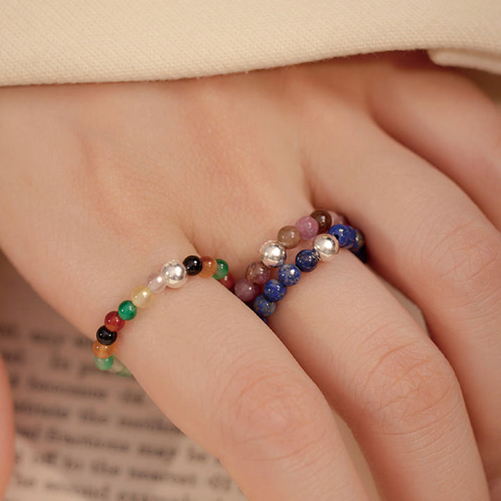 Buddha Stones925 スターリングシルバー クリスタルビーズ ホワイトジェイド ブラックオニキス 祝福 弾性リング