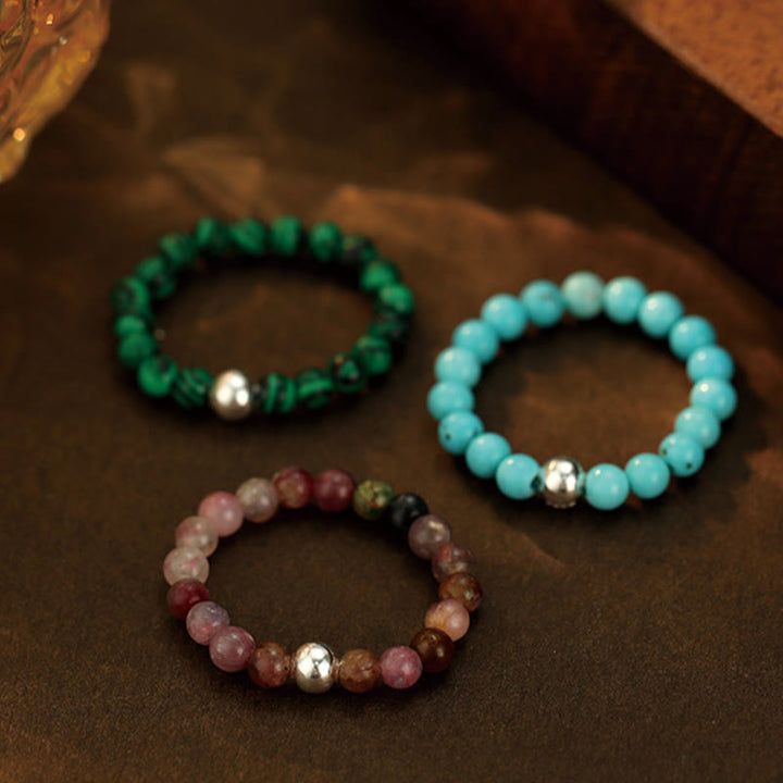 Buddha Stones925 スターリングシルバー クリスタルビーズ ホワイトジェイド ブラックオニキス 祝福 弾性リング