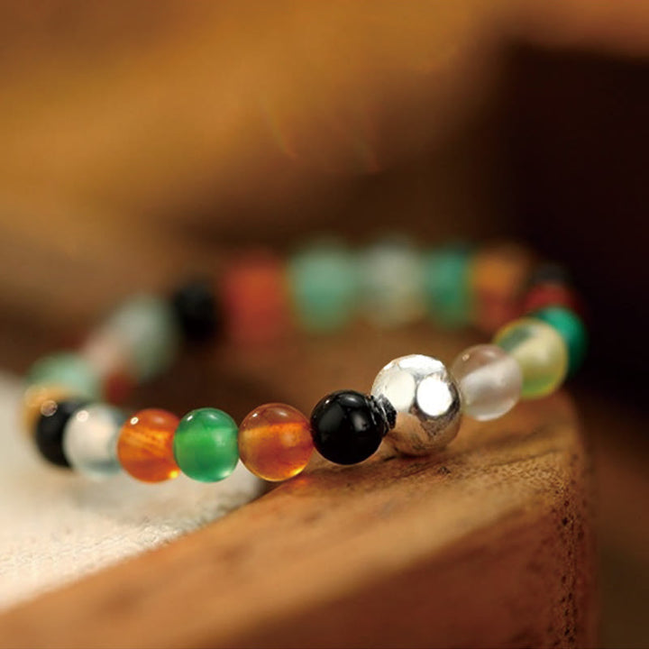 Buddha Stones925 スターリングシルバー クリスタルビーズ ホワイトジェイド ブラックオニキス 祝福 弾性リング