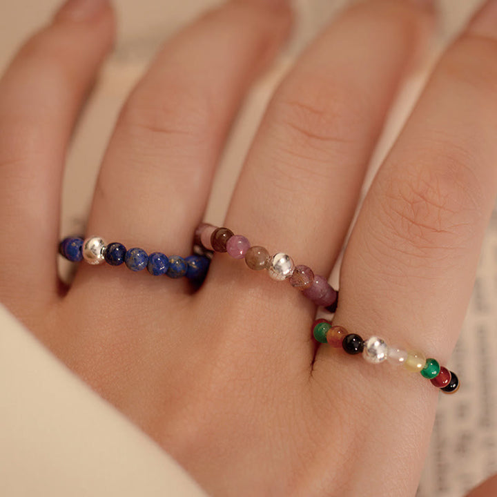 Buddha Stones925 スターリングシルバー クリスタルビーズ ホワイトジェイド ブラックオニキス 祝福 弾性リング