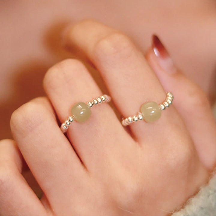 Buddha Stones 925スターリングシルバー 天然小粒 和田翡翠 赤瑪瑙 パールビーズ 繁栄の弾性リング