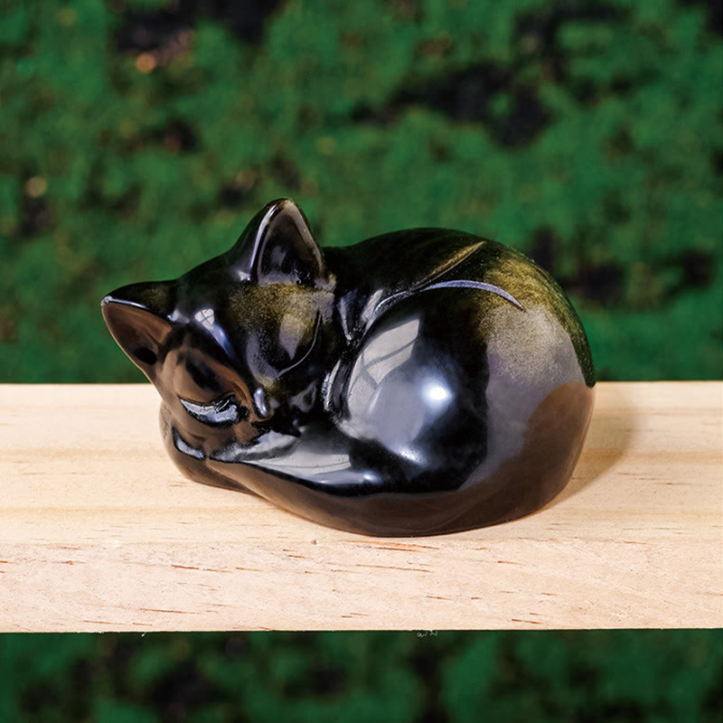 Buddha Stones天然金光沢黒曜石 眠っている猫の像 室内装飾 - ゴールドシーンオブシディアン 6×5cm - image 2