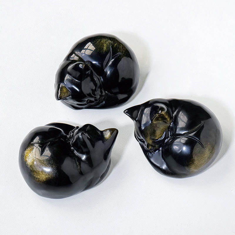 Buddha Stones天然金光沢黒曜石 眠っている猫の像 室内装飾 - image 8