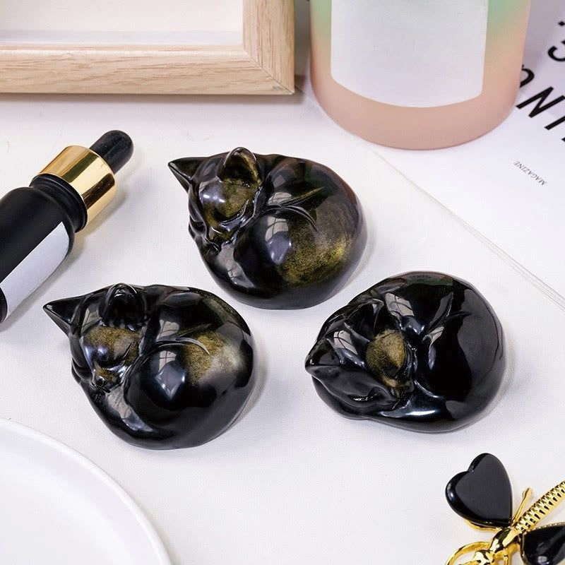 Buddha Stones天然金光沢黒曜石 眠っている猫の像 室内装飾 - image 5