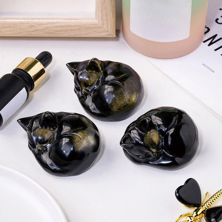 Buddha Stones天然金光沢黒曜石 眠っている猫の像 室内装飾 - image 5