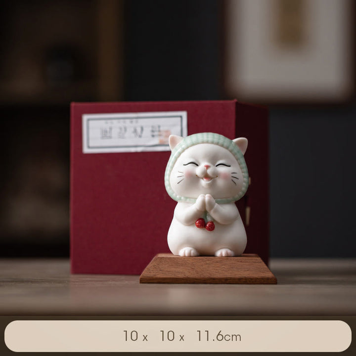 Buddha Stones幸運のかわいい猫のスカーフを巻いた陶器の置物装飾 - 猫+木製台座(ギフトボックス) - image 23
