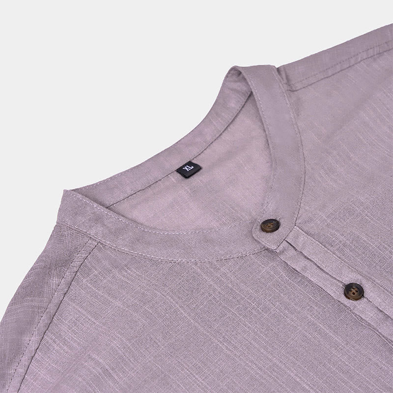 Buddha Stonesメンズ 夏 無地 半袖 ハーフボタン コットンリネン シャツ - image 15