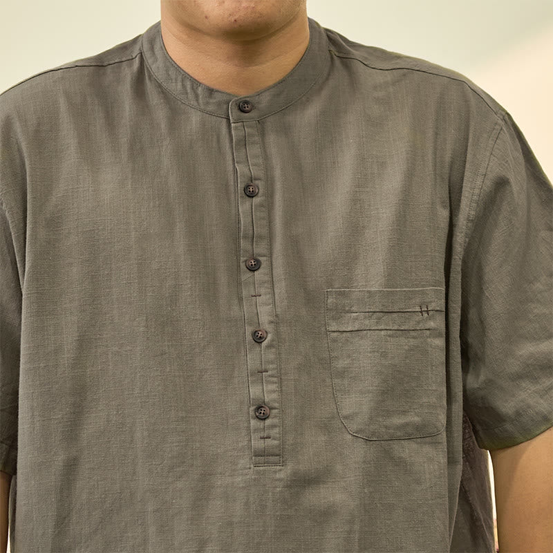 Buddha Stonesメンズ 夏 無地 半袖 ハーフボタン コットンリネン シャツ - image 3