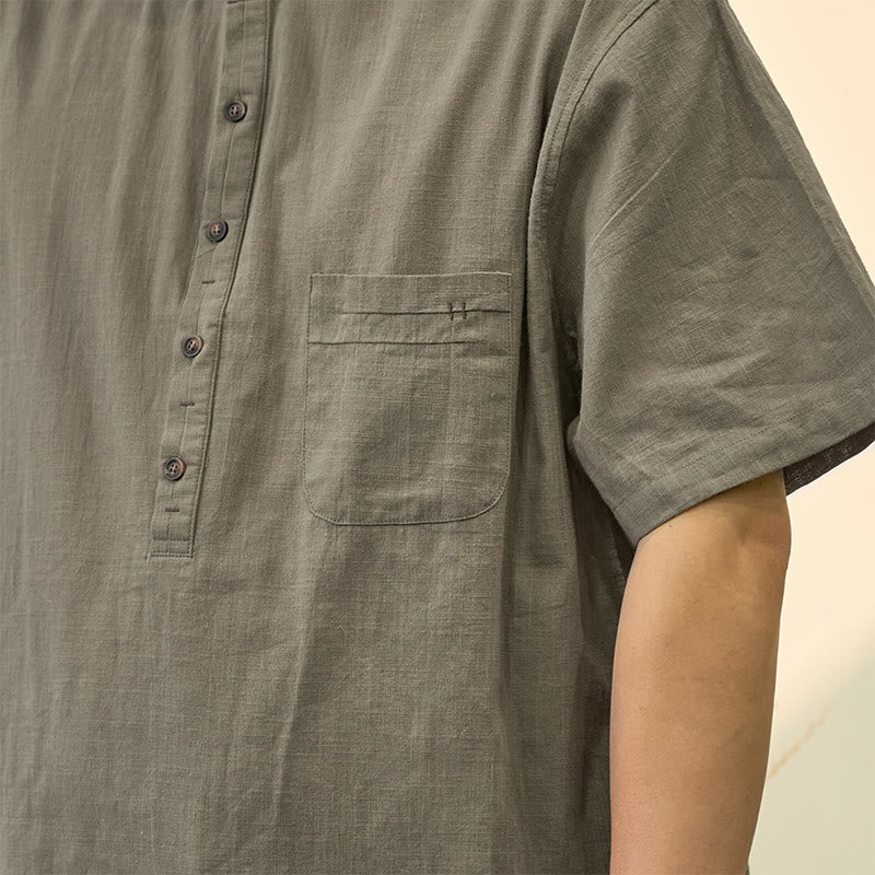 Buddha Stonesメンズ 夏 無地 半袖 ハーフボタン コットンリネン シャツ - image 4