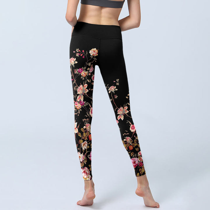 Buddha Stones、ピンクのバラ、ベージュの花柄プリント、ジムフィットネスレギンス、レディースヨガパンツ - image 7