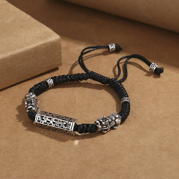 Buddha Stonesチベット黒紐 銅製オーム・マニ・パドメ・フムPiXiu編み込みブレスレット