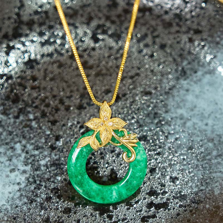 Buddha Stonesシアン翡翠平和のお守りチャーム合金 花 癒し 幸運 ネックレス ペンダント