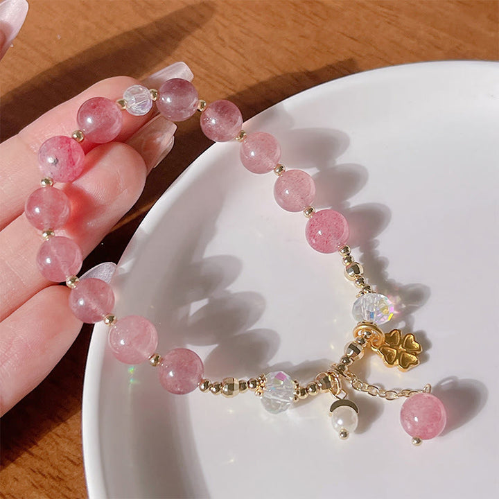 Buddha Stones天然ストロベリークォーツ 四つ葉のクローバー ヒーリングブレスレット