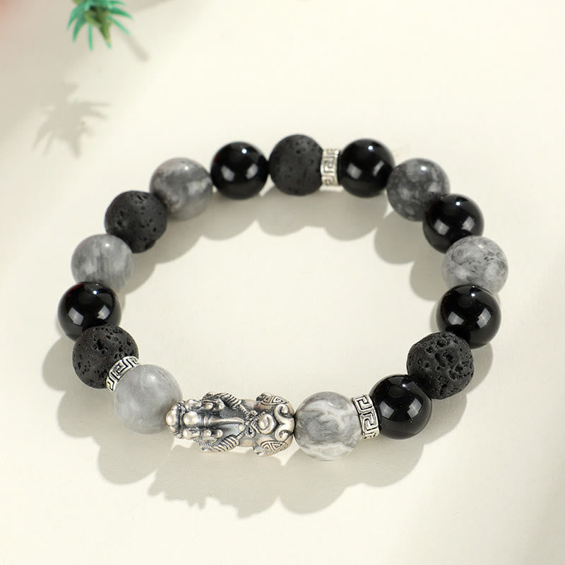 Buddha Stones 999スターリングシルバー PiXiu ブラックオニキス グレージャスパー 溶岩石守護ブレスレット