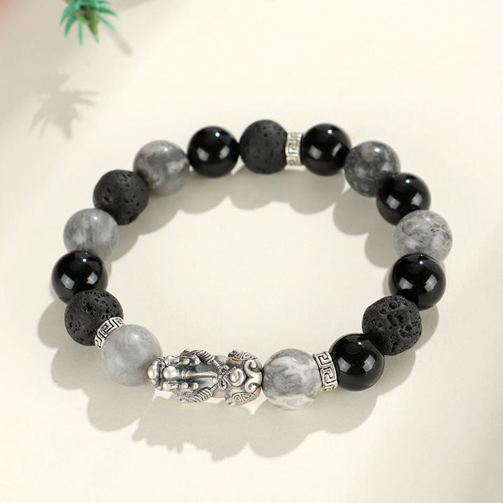 Buddha Stones 999スターリングシルバー PiXiu ブラックオニキス グレージャスパー 溶岩石守護ブレスレット