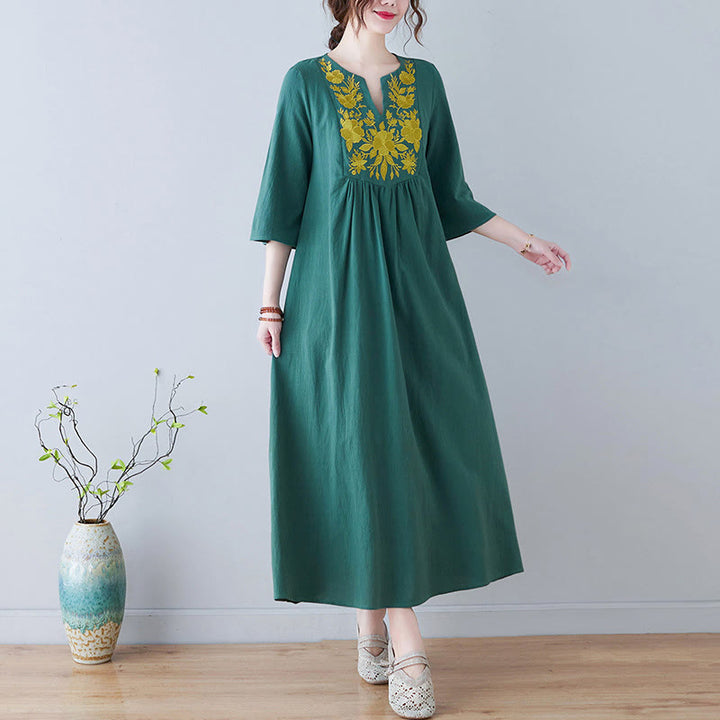 Buddha Stonesカジュアル ボヘミア 刺繍 花柄 シンプルデザイン 七分袖 Vネック コットンリネン マキシドレス - 緑 - US8-10,UK/AU12-14,EU40-42 (2XL) - image 18