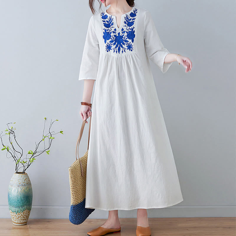 Buddha Stonesカジュアル ボヘミア 刺繍 花柄 シンプルデザイン 七分袖 Vネック コットンリネン マキシドレス - image 6