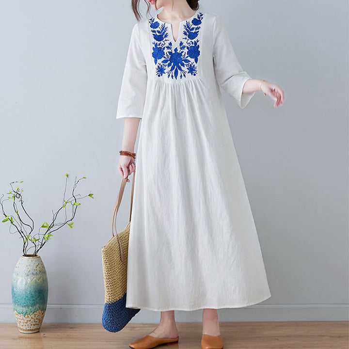 Buddha Stonesカジュアル ボヘミア 刺繍 花柄 シンプルデザイン 七分袖 Vネック コットンリネン マキシドレス - image 6