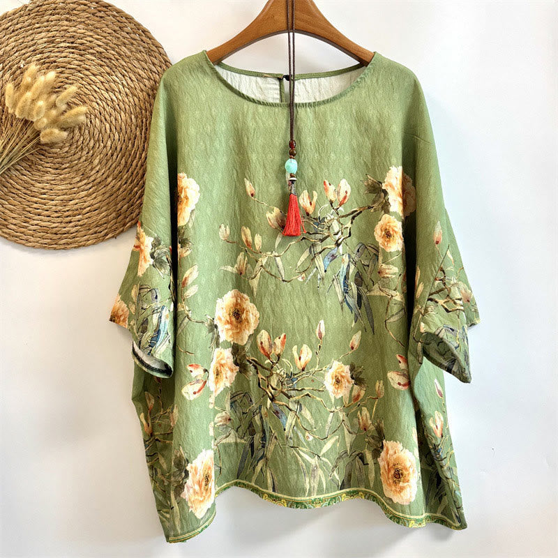 Buddha Stonesカジュアル ルーズプリント 花びら レディース クルーネックデザイン 半袖 ポリエステル Tシャツ