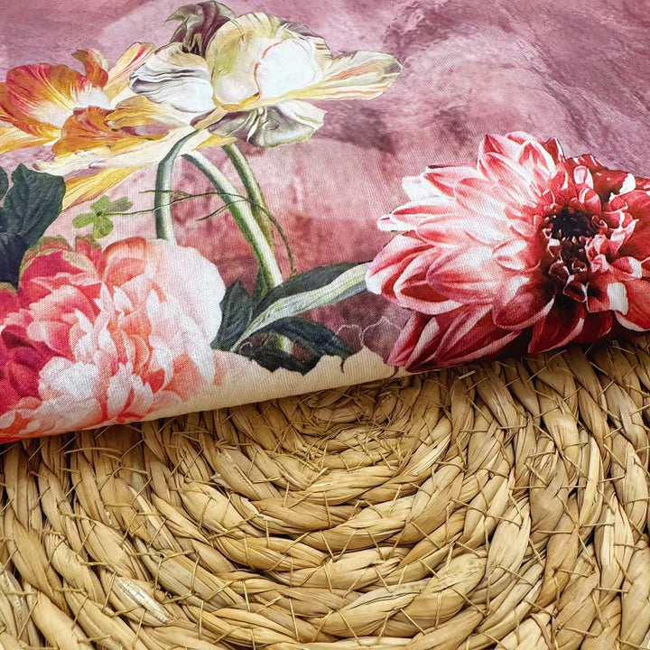 Buddha Stonesカジュアルプリント様々な花びらダリア牡丹レディースクルーネックデザイン半袖ポリエステルTシャツ