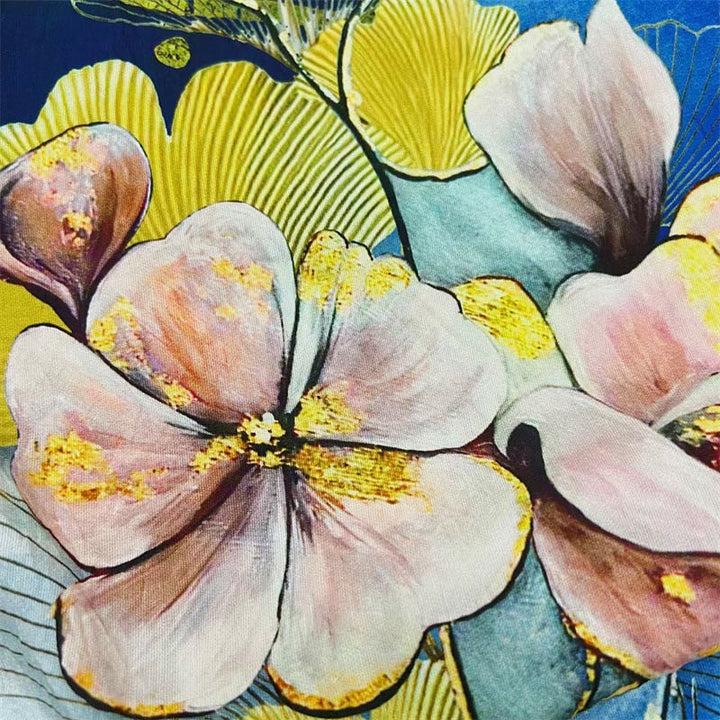 Buddha Stonesカジュアル 花 葉 フェザー レディース クルーネックデザイン 半袖 ポリエステル Tシャツ