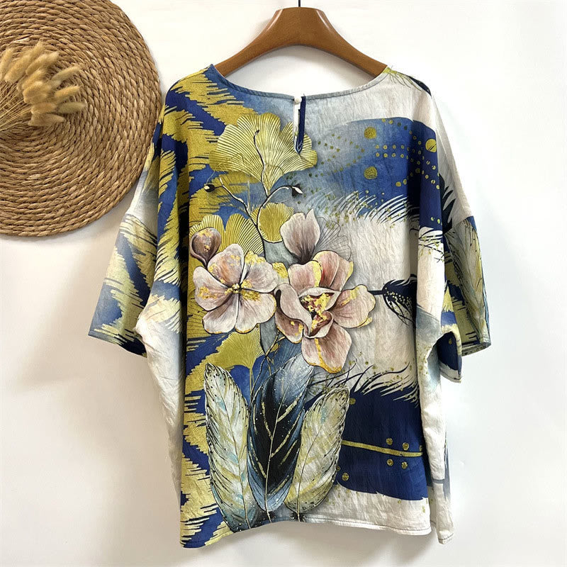 Buddha Stonesカジュアル 花 葉 フェザー レディース クルーネックデザイン 半袖 ポリエステル Tシャツ