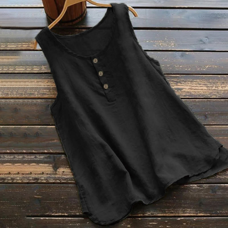 Buddha Stones夏用 純色 クルーカラー ボタン レディース ベスト ウエストコート - 黒 - US16、 UK/AU20、 EU48 (5XL) - image 0