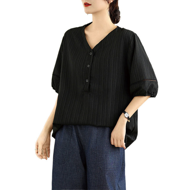 Buddha Stonesサマーカジュアル ピュア ハーフパフスリーブ ハーフボタン Vネック レディース Tシャツ