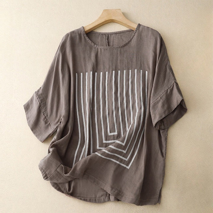 Buddha Stonesカジュアルラインプリント柄半袖コットンリネンレディースTシャツ - ロージーブラウン - US12、 UK/AU16、 EU44 (2XL) - image 18