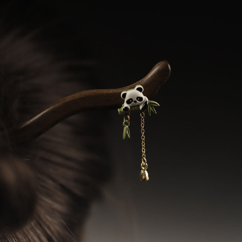 Buddha Stones黒檀 パンダ 竹 タッセル 勇気 ヘアピン