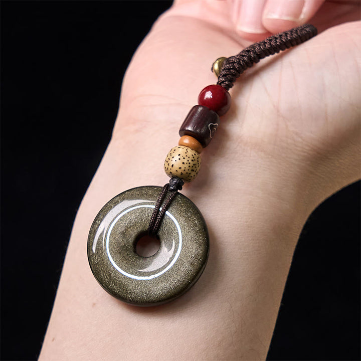 Buddha Stones天然ゴールド光沢黒曜石平和バックル強化キーチェーン