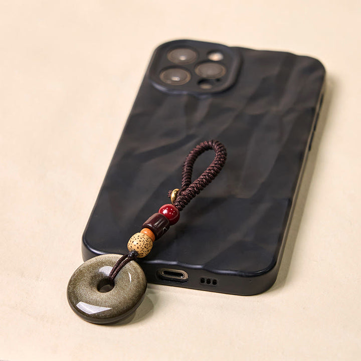 Buddha Stones天然ゴールド光沢黒曜石平和バックル強化キーチェーン