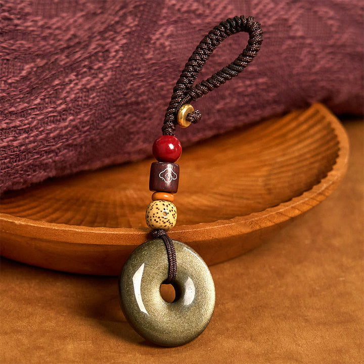 Buddha Stones天然ゴールド光沢黒曜石平和バックル強化キーチェーン