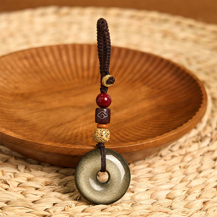 Buddha Stones天然ゴールド光沢黒曜石平和バックル強化キーチェーン