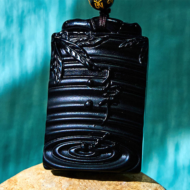 Buddha Stones天然黒曜石竹の成就ネックレスペンダント