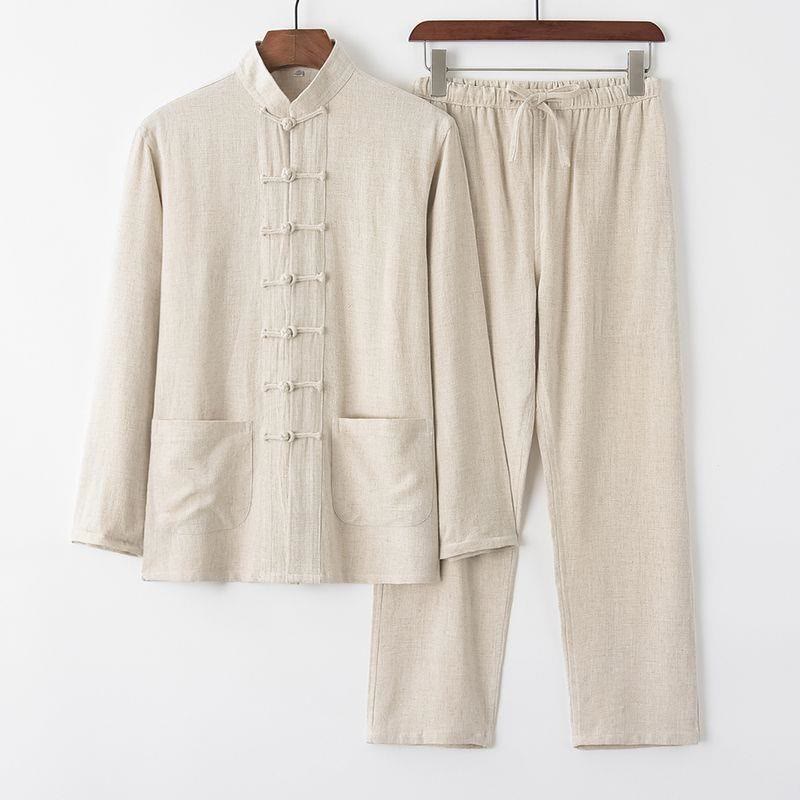 Buddha Stones 2点 唐装 カエルボタン 長袖 シャツ パンツ メンズ セット - ベージュ - US/UK/AU42、EU52(4XL) - image 0