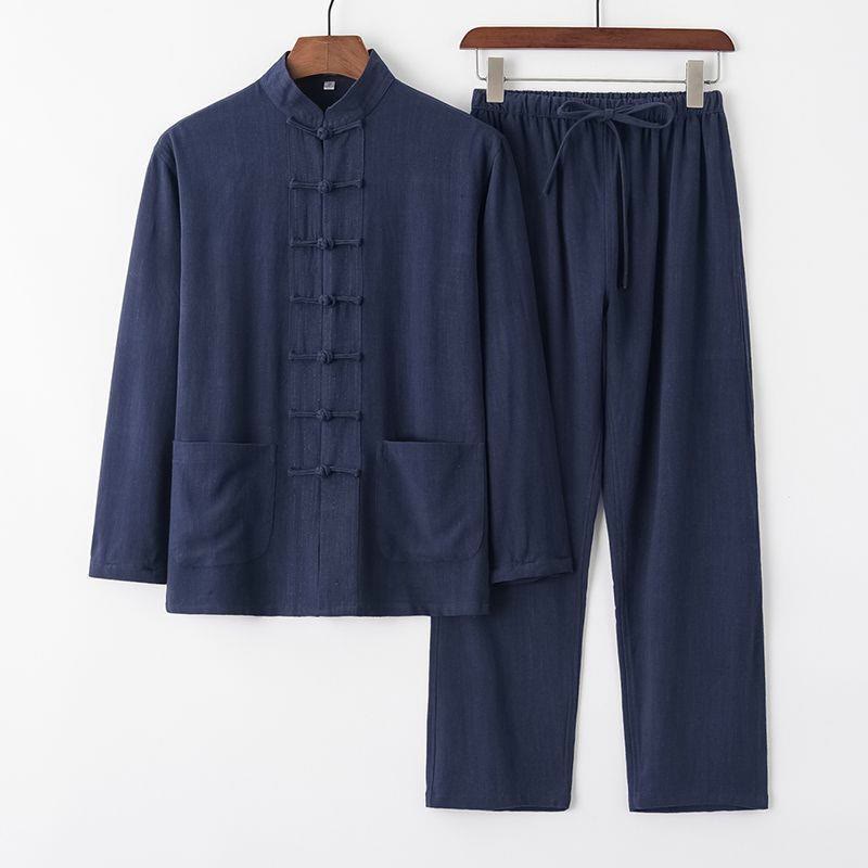 Buddha Stones 2点 唐装 カエルボタン 長袖 シャツ パンツ メンズ セット - スティールブルー - US/UK/AU42、EU52(4XL) - image 13