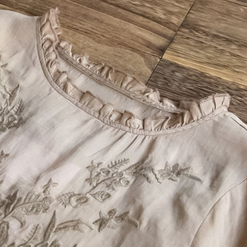 Buddha Stonesカジュアル 刺繍 ハーフパフスリーブ フリル クルーネック コットンリネン レディース Tシャツ - image 9