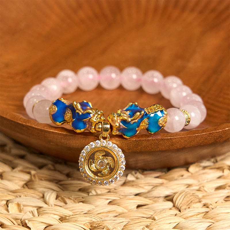 Buddha Stonesピンククリスタル カラーチェンジ ダブル貔貅 サイクロンチャーム 温もりブレスレット